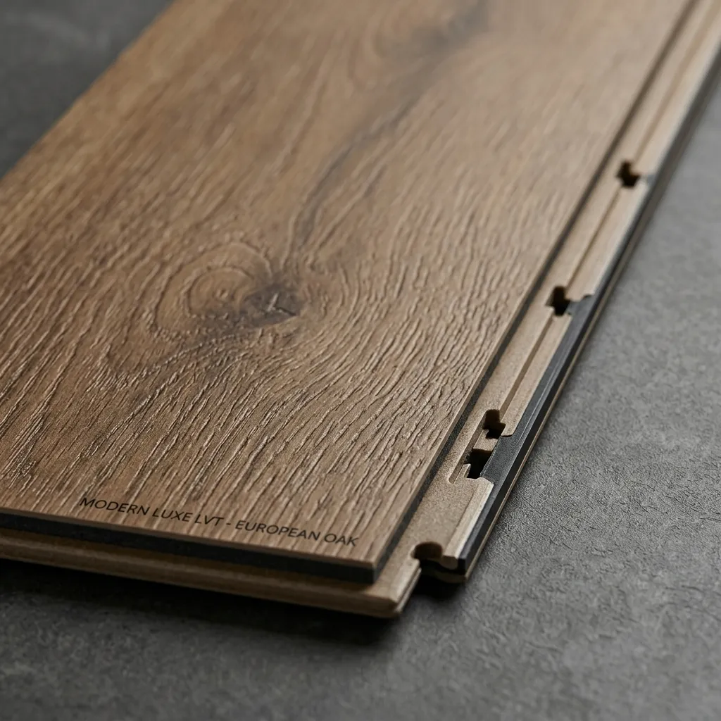 Close-up photograph of a luxury vinyl tile (LVT) plank showing embossed wood-grain texture and click-lock profile