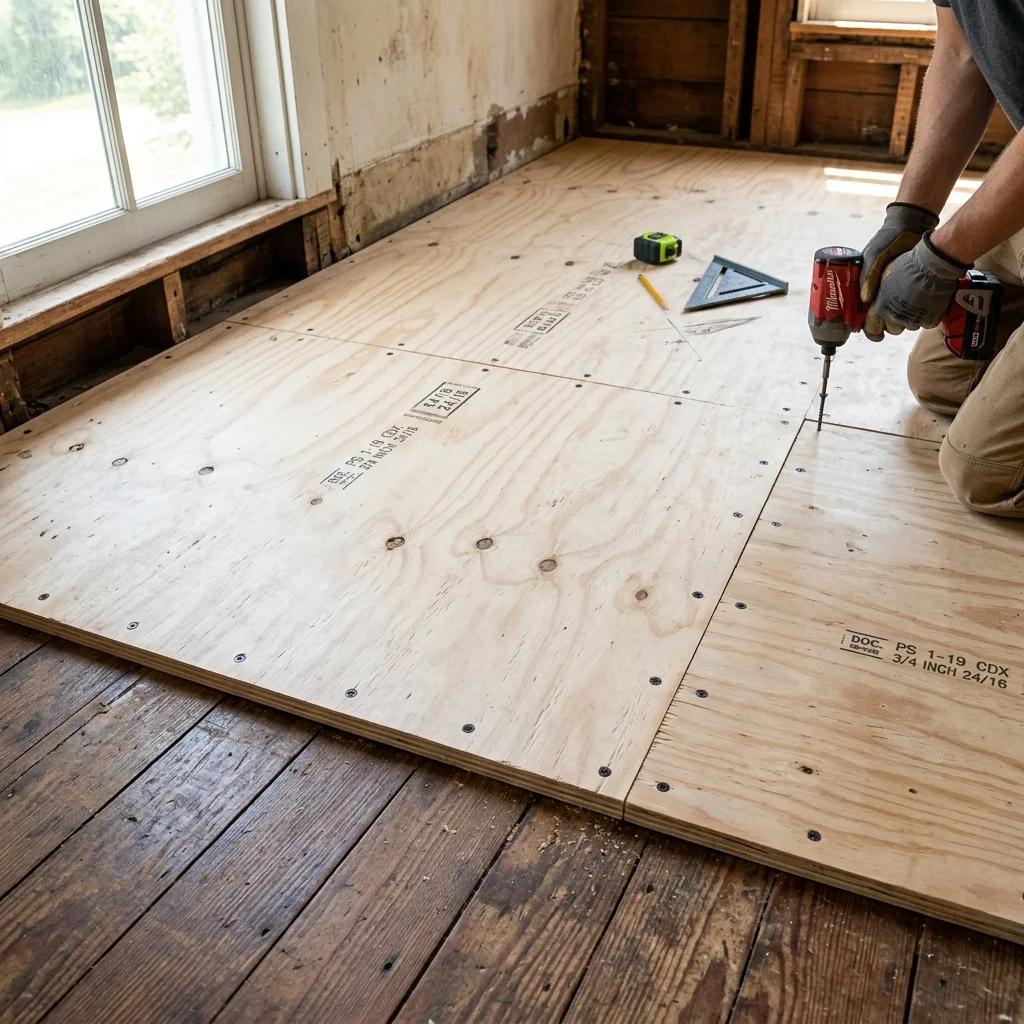 Flooring-grade plywood subfloor checked with a moisture meter before LVT installation