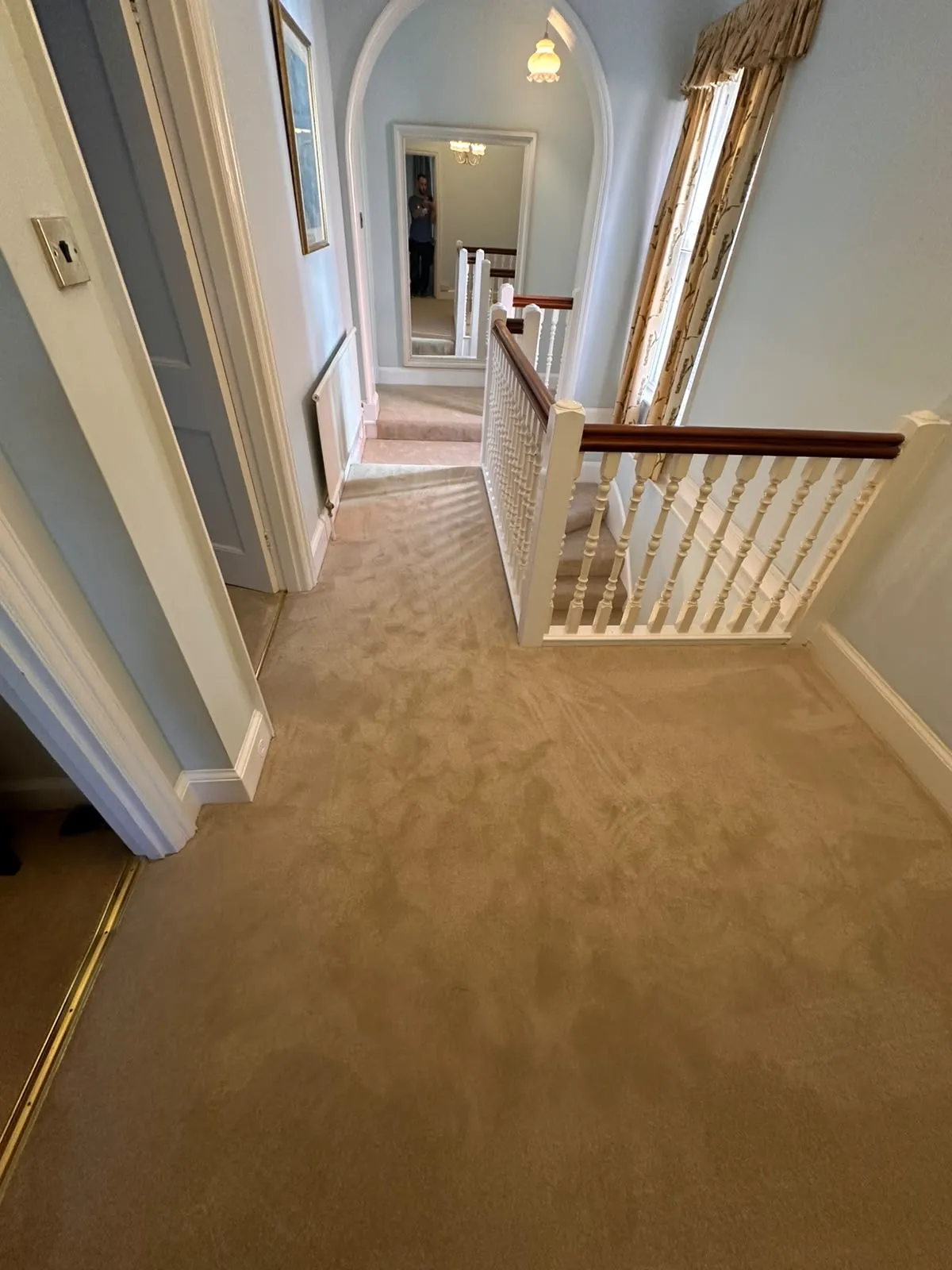 Abingdon Captivation carpet supplied and fitted on an upstairs landing beside a white spindle balustrade, Shirley, Croydon CR0