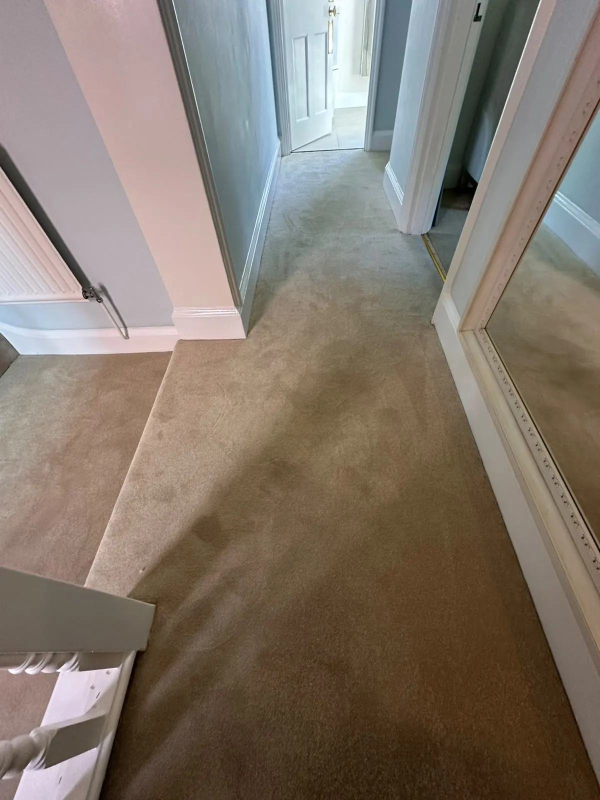 New Abingdon Captivation carpet fitted along an upstairs landing and hallway with brass door bars, Shirley, Croydon CR0